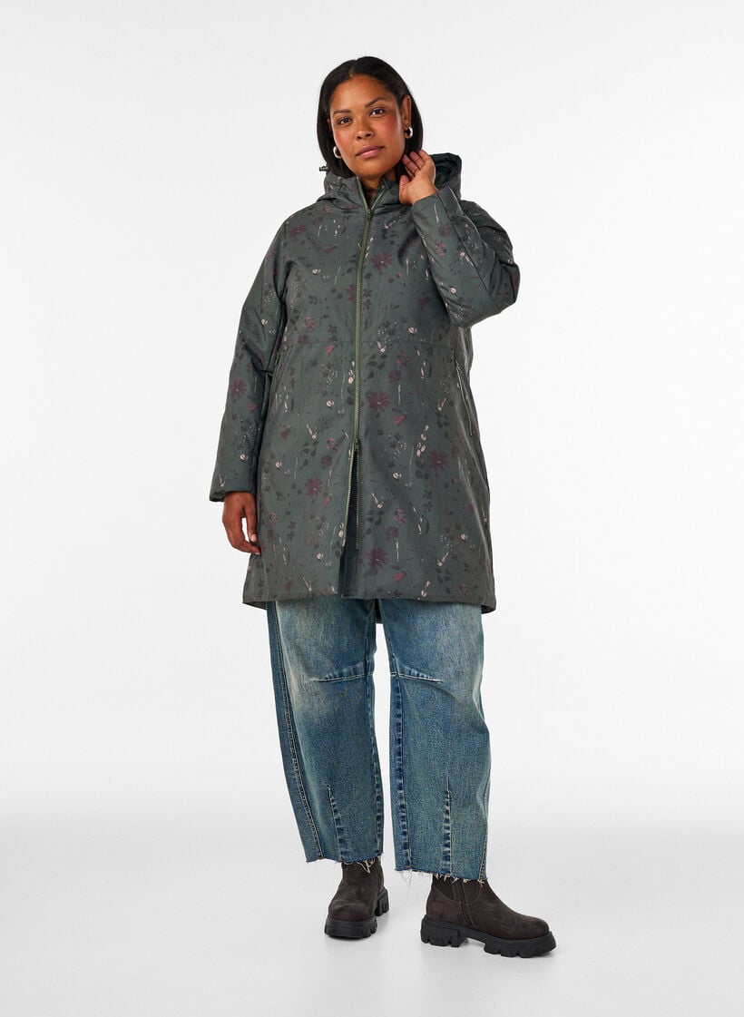 Padded winter jacket with floral print, Green, Model image number 1
