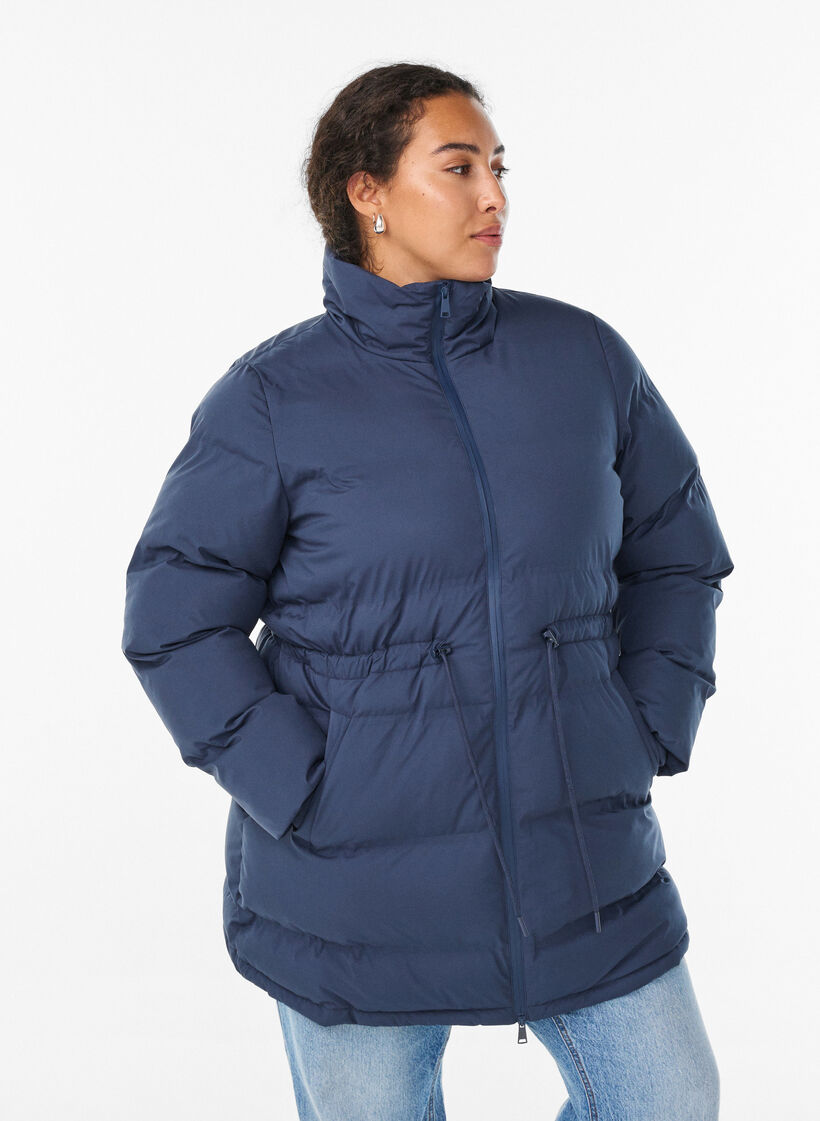 Mid-length puffer jacket with adjustable waist, Blue, Model image number 0