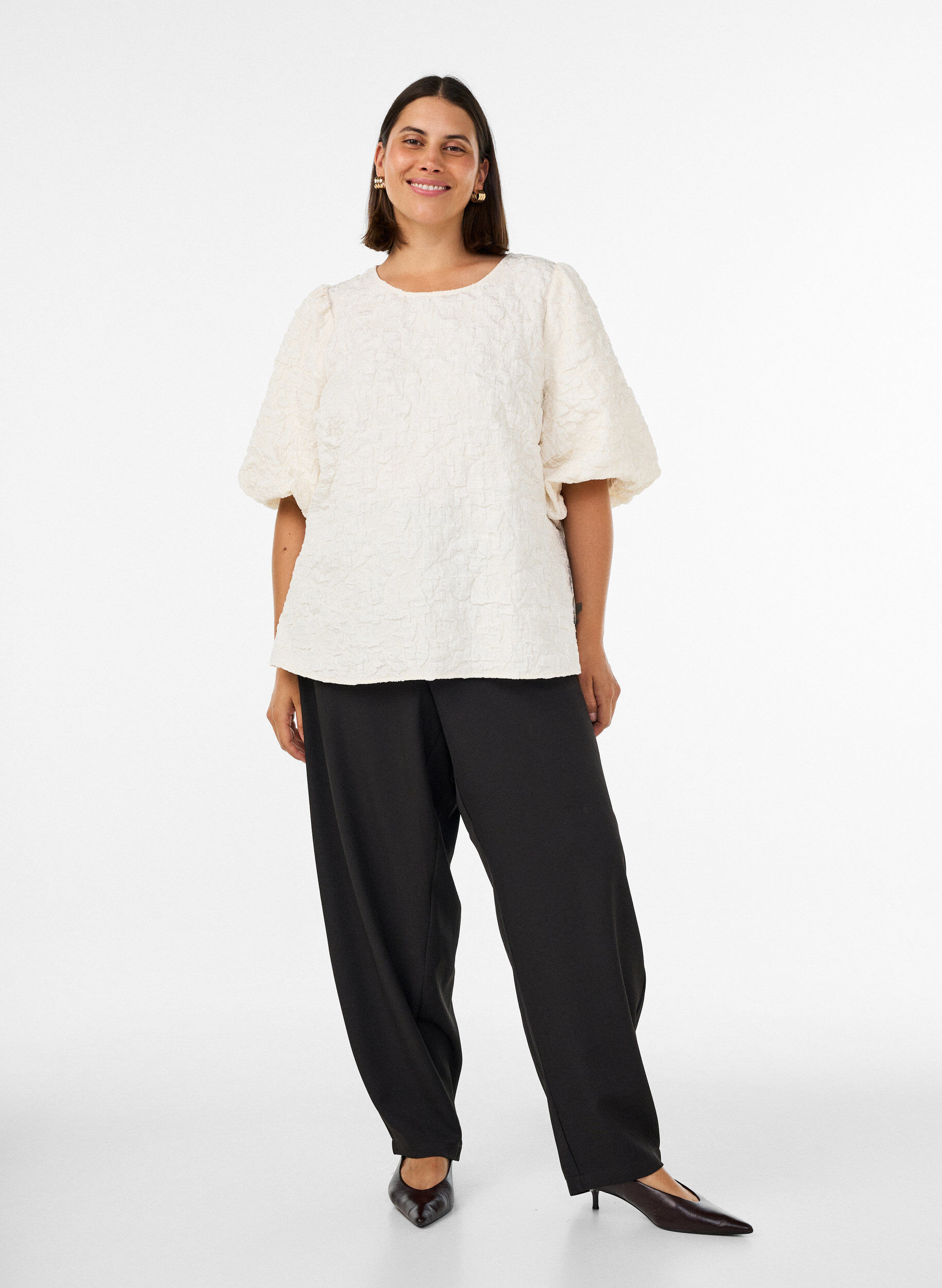 ZizzifashionJacquard blouse with puff sleeves and an A-line shape, Vanilla, Model image number 1