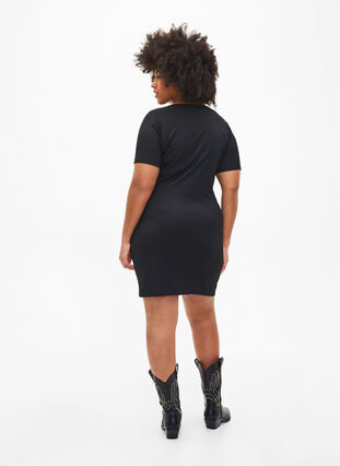 Tight-fitting dress with V-neck and strap detail, Black, Model image number 1