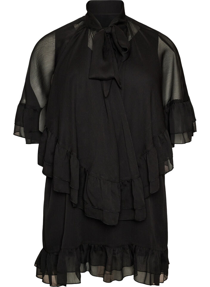 Sleeveless dress with chiffon cape, Black, Packshot image number 0