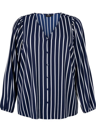 Shirt blouse with v-neck and print, Maritime Blue Stripe, Packshot image number 0