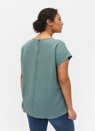 Short-sleeved viscose blouse with round neck, Balsam Green, Model image number 1