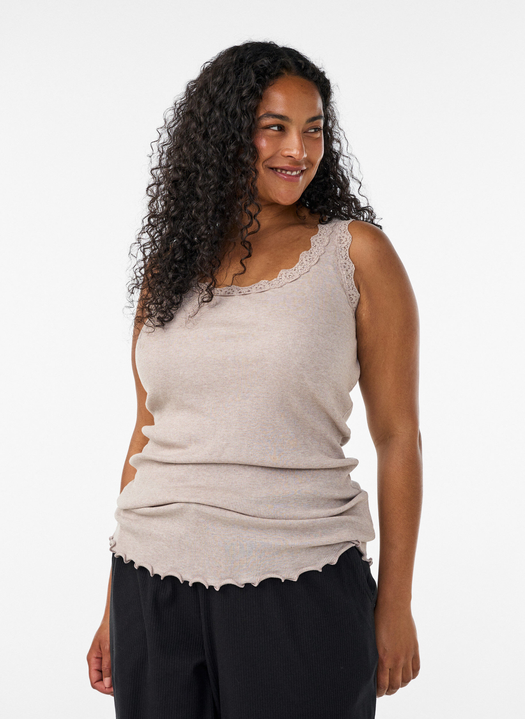 Ribbed top with lace trim, Beige, Model