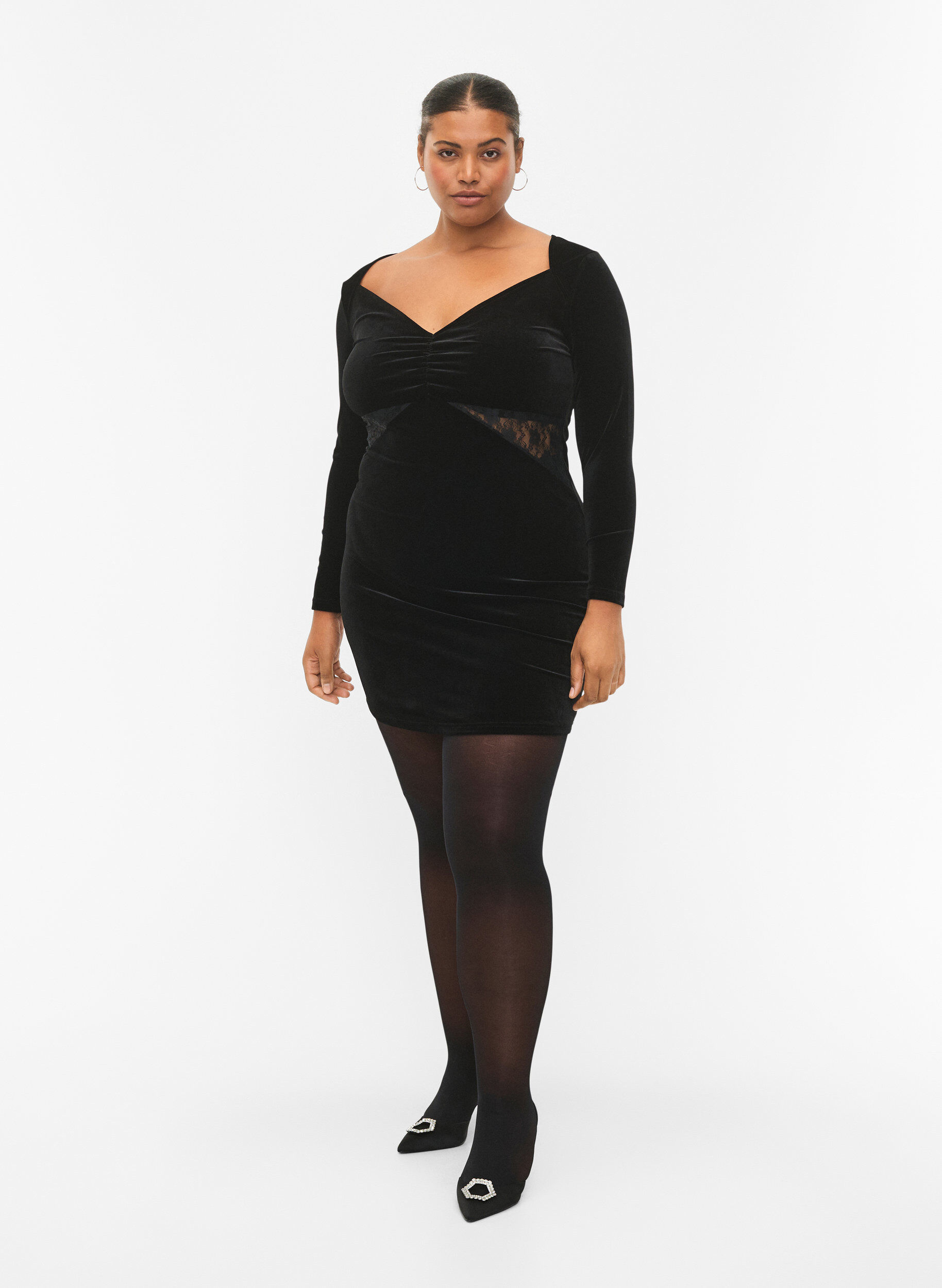 Zizzifashion Short velour dress with lace detail, Black, Model image number 3
