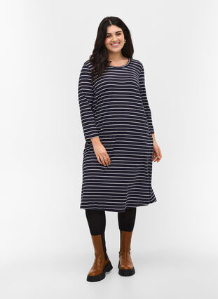 Striped cotton dress with slits, Blue Stripe, Model image number 2