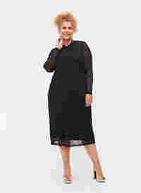 Long-sleeved midi dress in mesh, Black, Model