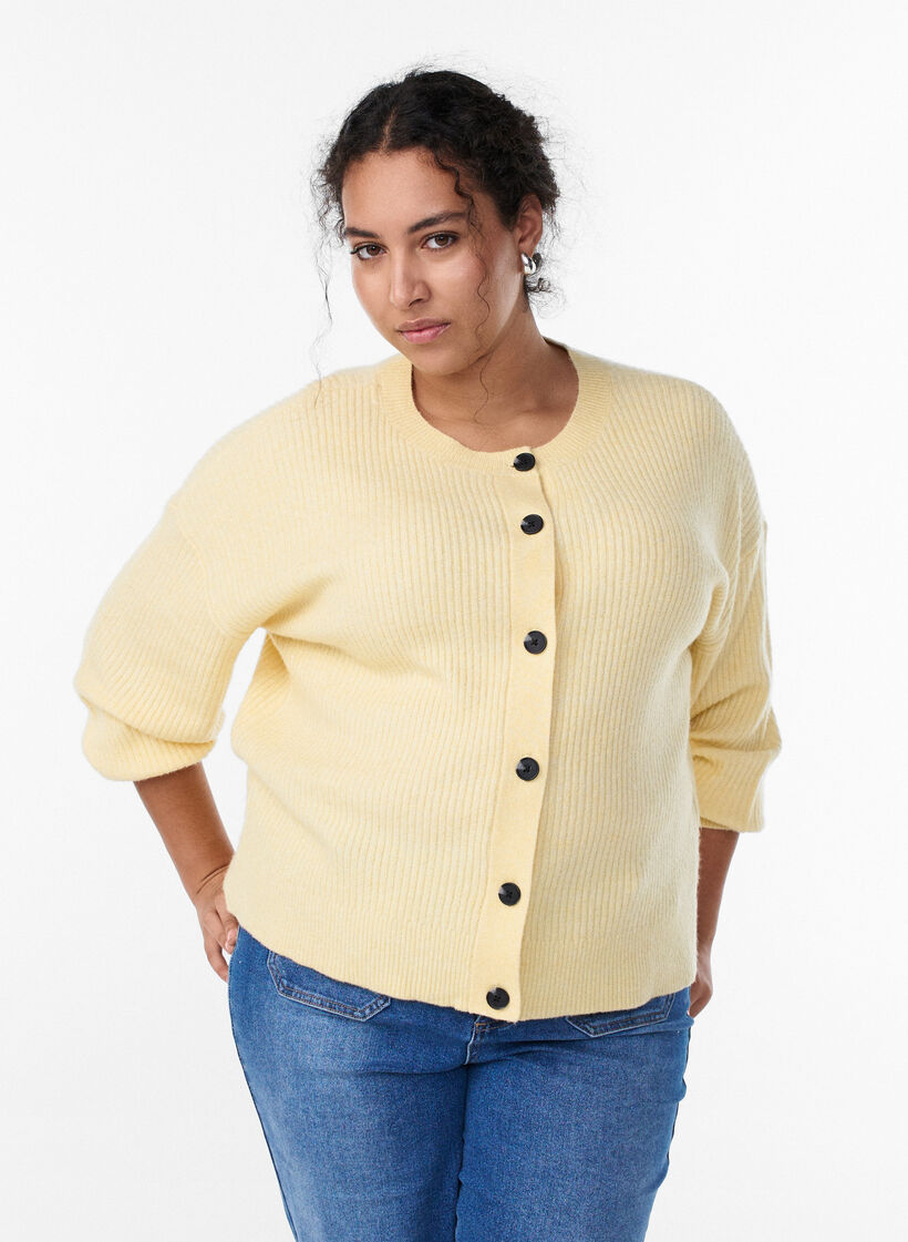 Ribbed cardigan with buttons, Yellow, Model image number 0