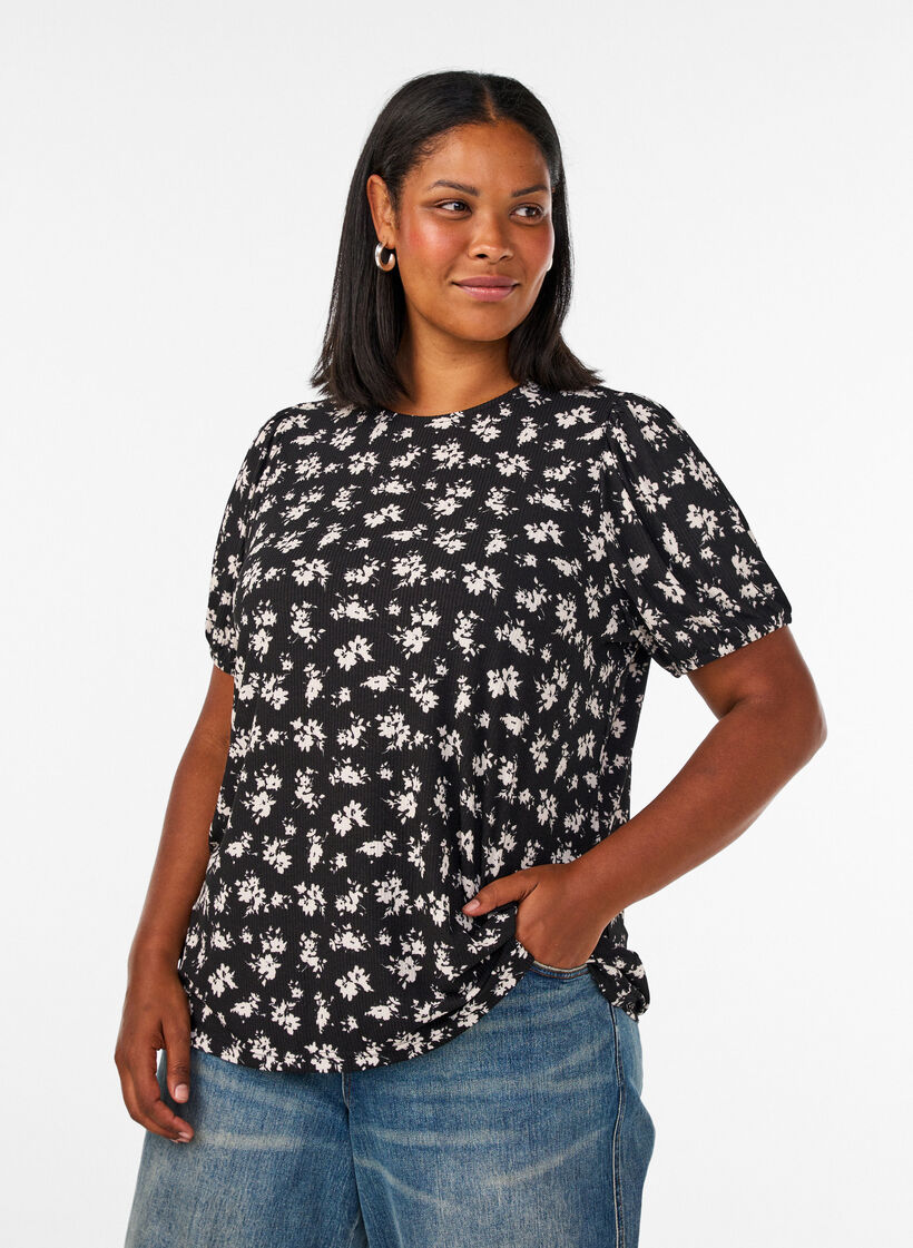 Blouse with short sleeves and floral print, Black, Model image number 0