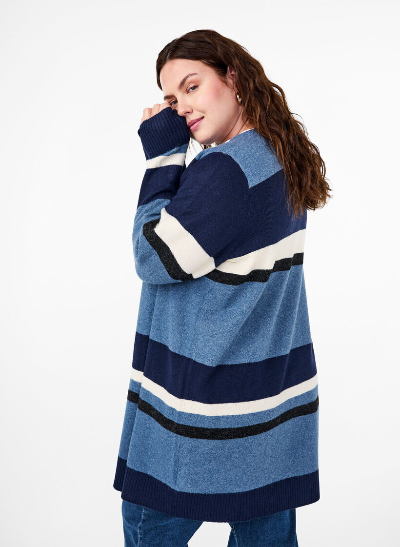 Long knit cardigan with wide stripes, Blue, Model image number 2