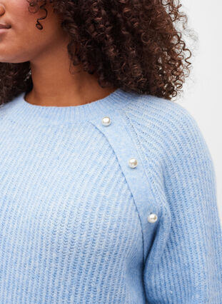 Melange knit sweater with pearl buttons, Light Blue Mel., Model image number 2