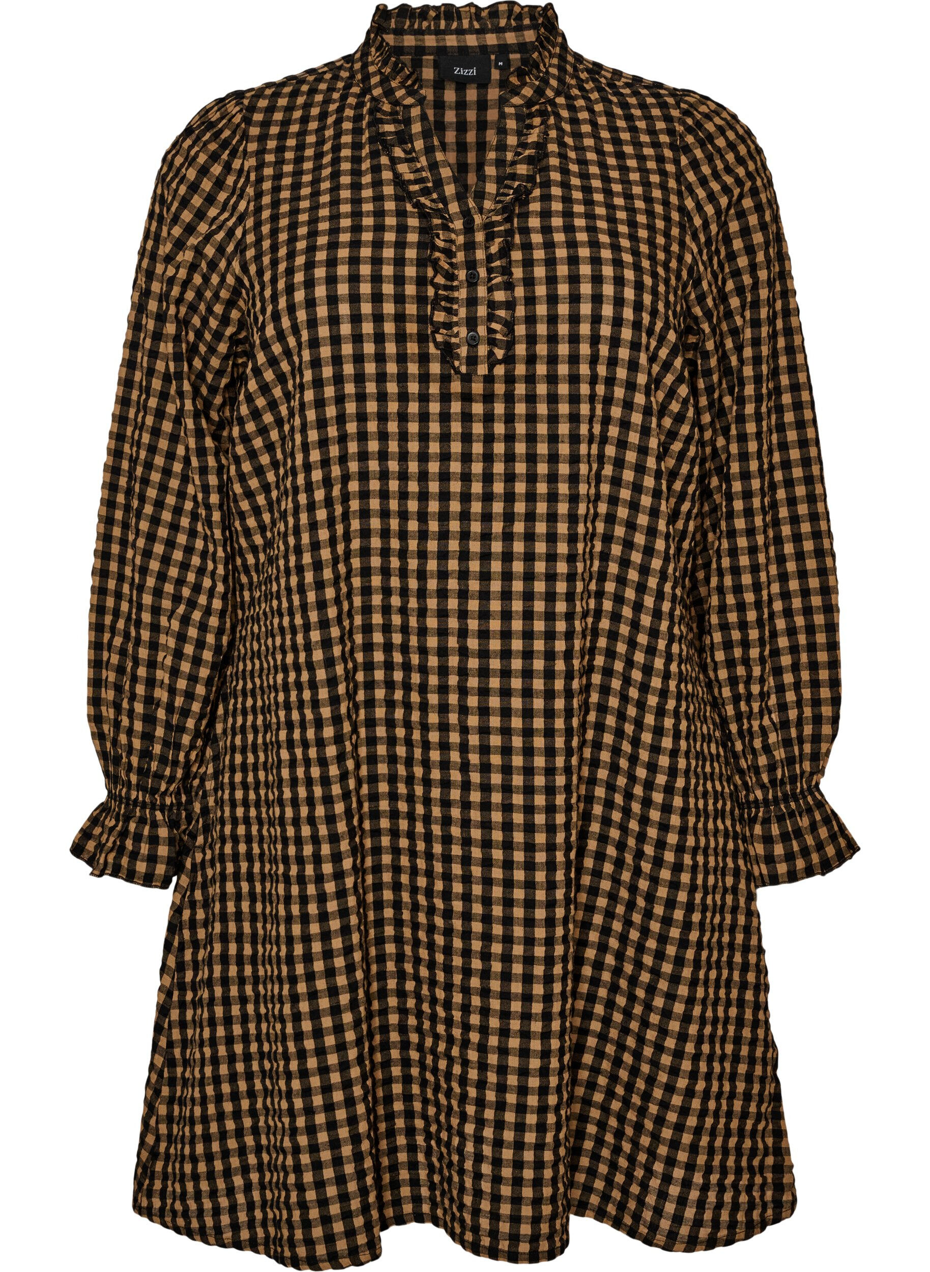 ZizzifashionChecked cotton dress with ruffle details, Brown, Packshot image number 0