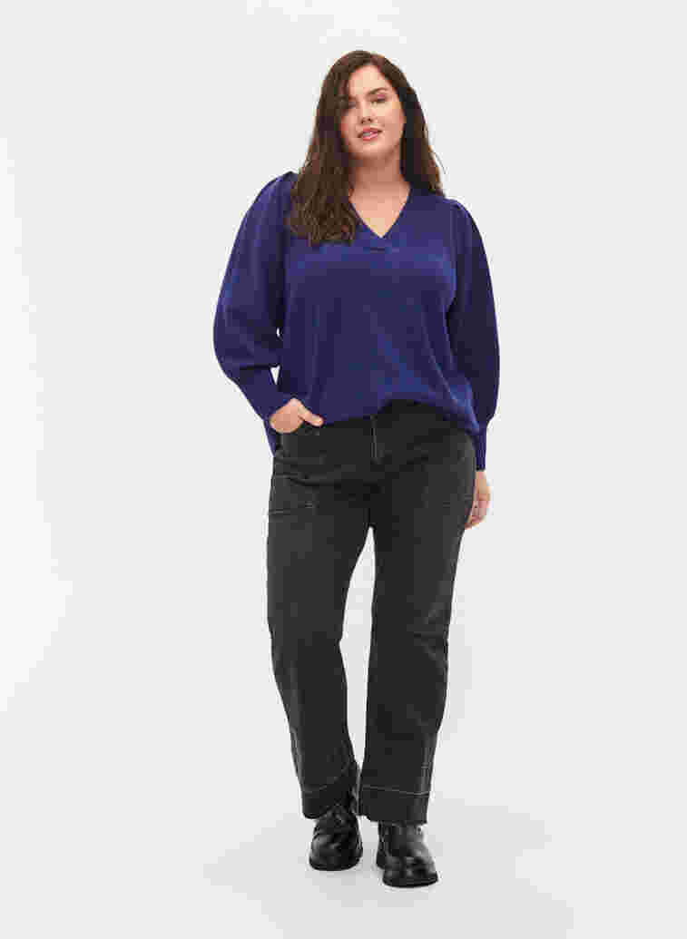 Melange knitted jumper with puff sleeves and v-neck, Ultra Violet Mel., Model image number 2