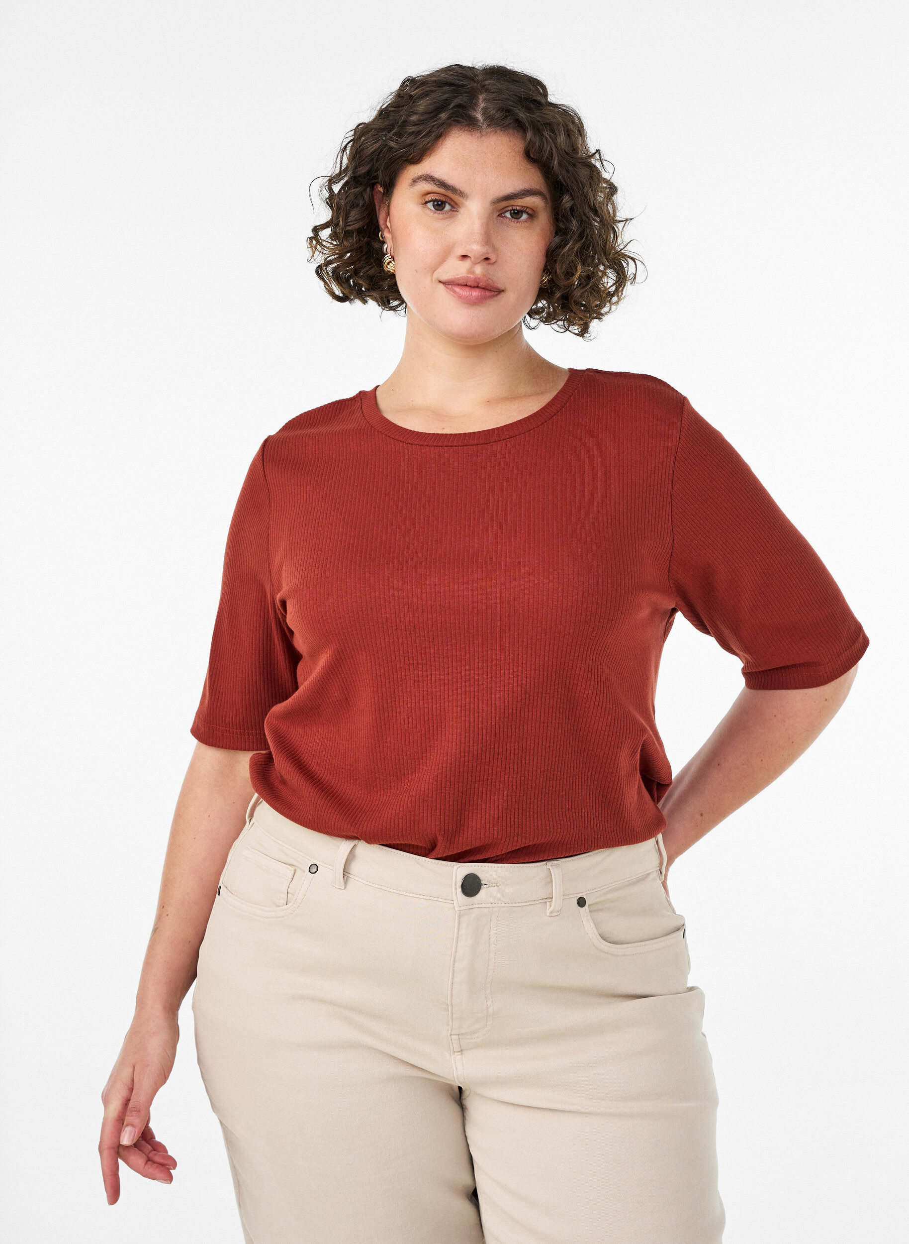 ZizzifashionRibbed jersey blouse with short sleeves, Red, Model image number 0