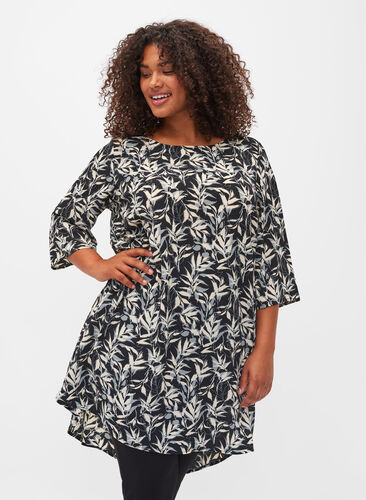 Printed dress with 3/4 sleeves, Leaf AOP, Model image number 0