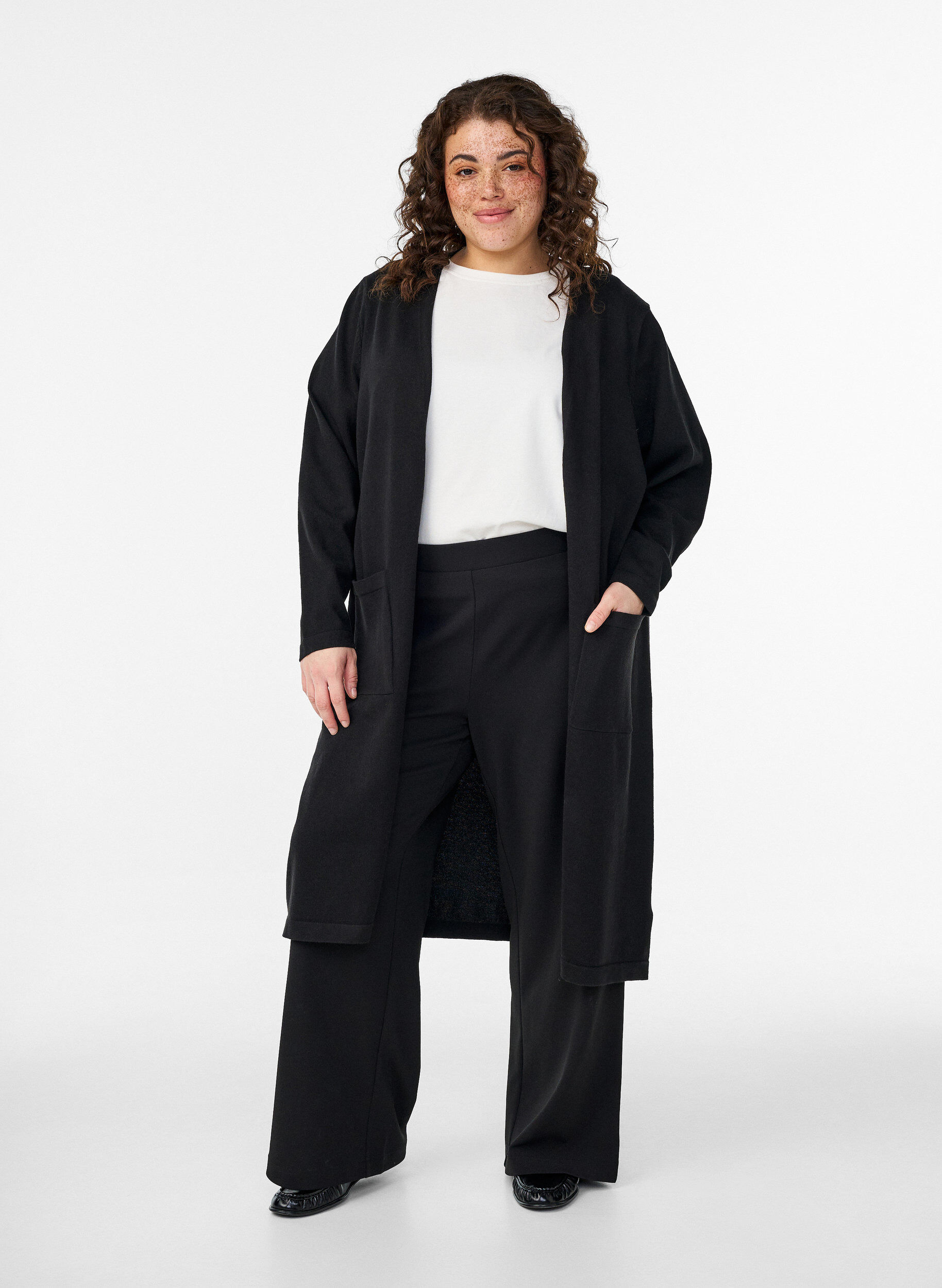ZizzifashionLong, open cardigan with pockets, Black, Model image number 0