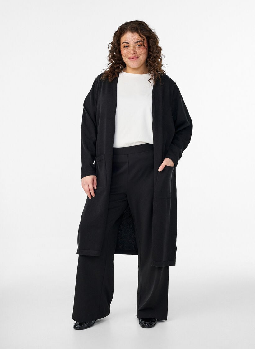 Long, open cardigan with pockets, Black, Model image number 0