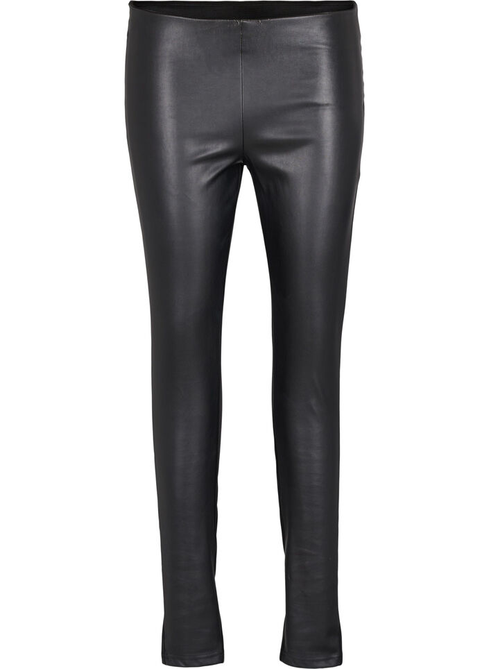 Leggings with faux leather, Black, Packshot image number 0