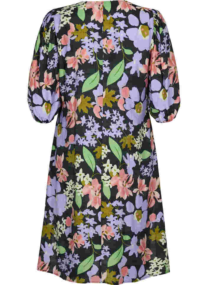 Floral viscose midi dress with 3/4 sleeves, Purple Green Flower, Packshot image number 1