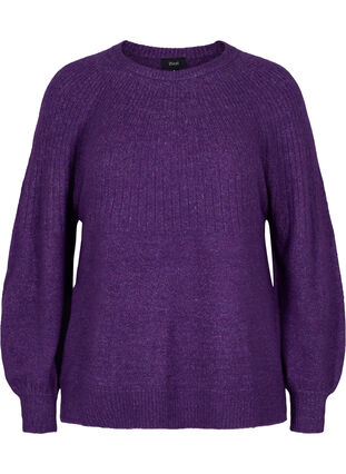 Melange knitted jumper with rib and balloon sleeves, Ultra Violet Mel., Packshot image number 0