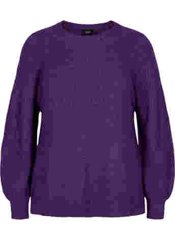 Melange knitted jumper with rib and balloon sleeves