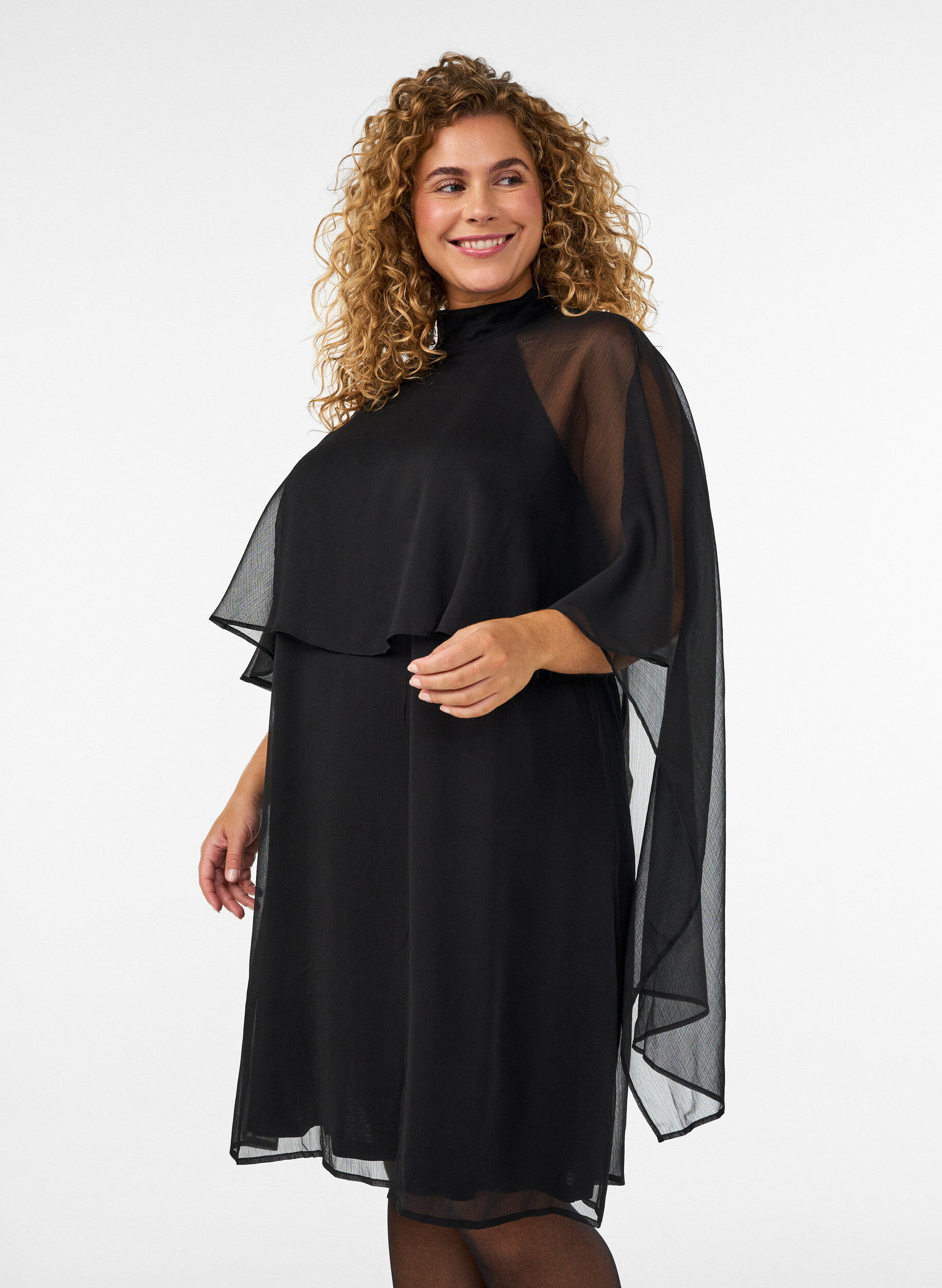 ZizzifashionKnee-length chiffon dress with sheer cape, Black, Model image number 0