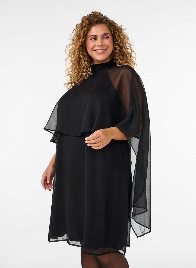 Knee-length chiffon dress with sheer cape, Black, Model image number 0