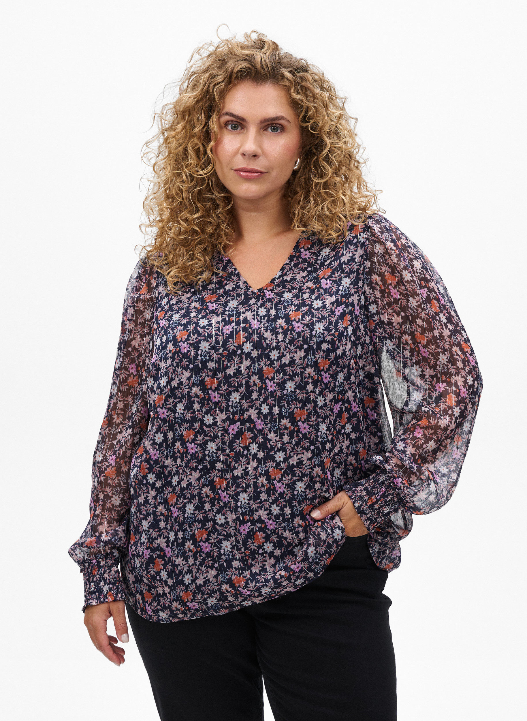 ZizzifashionBlouse with floral print and glitter thread, Blue, Model image number 0