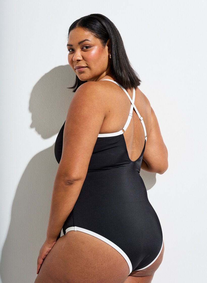 Sports swimsuit with contrast trim and criss-cross straps, Black, Model image number 2