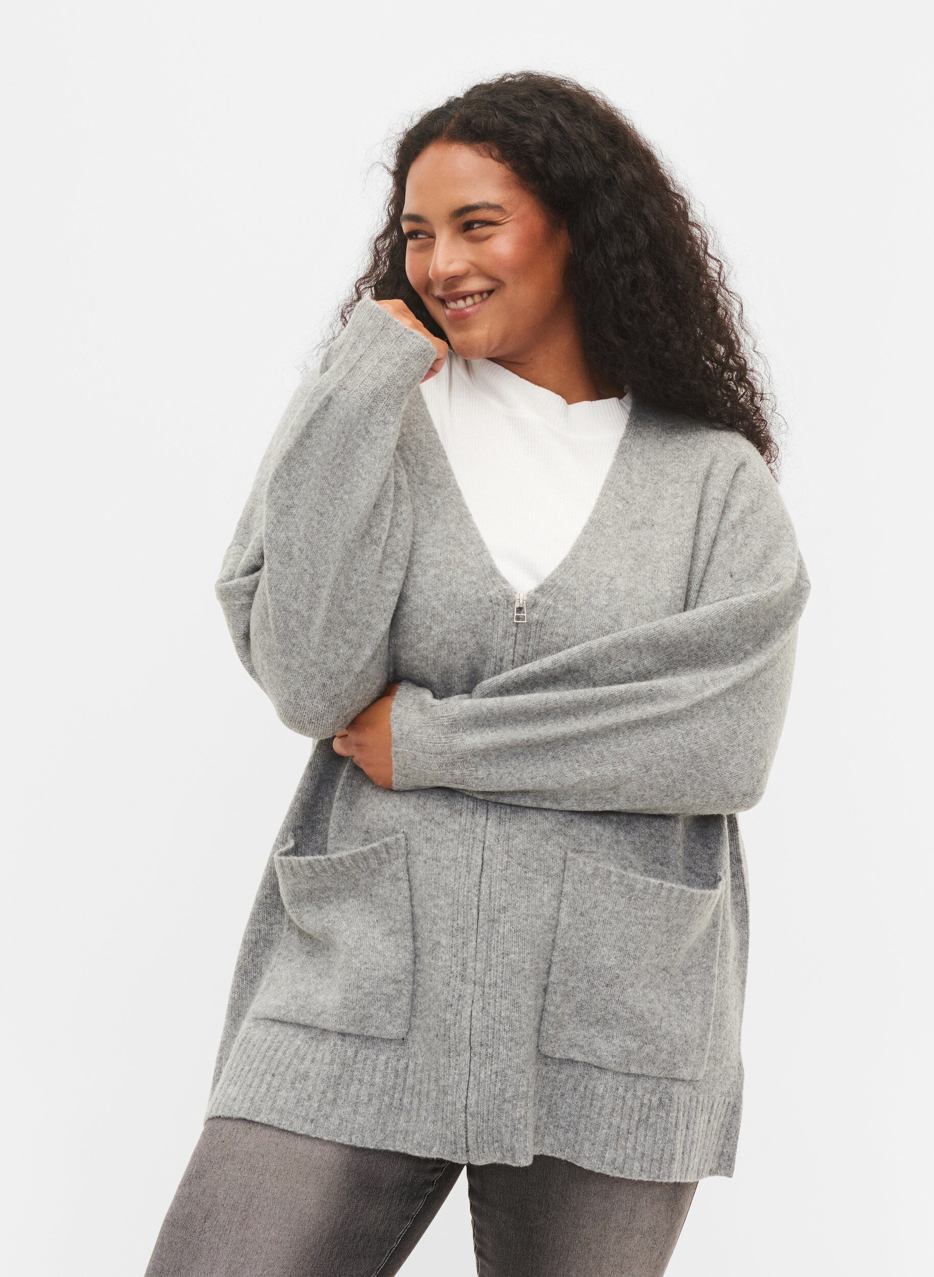 Zizzifashion Long knitted cardigan with zip and pockets, Medium Grey Melange, Model image number 0