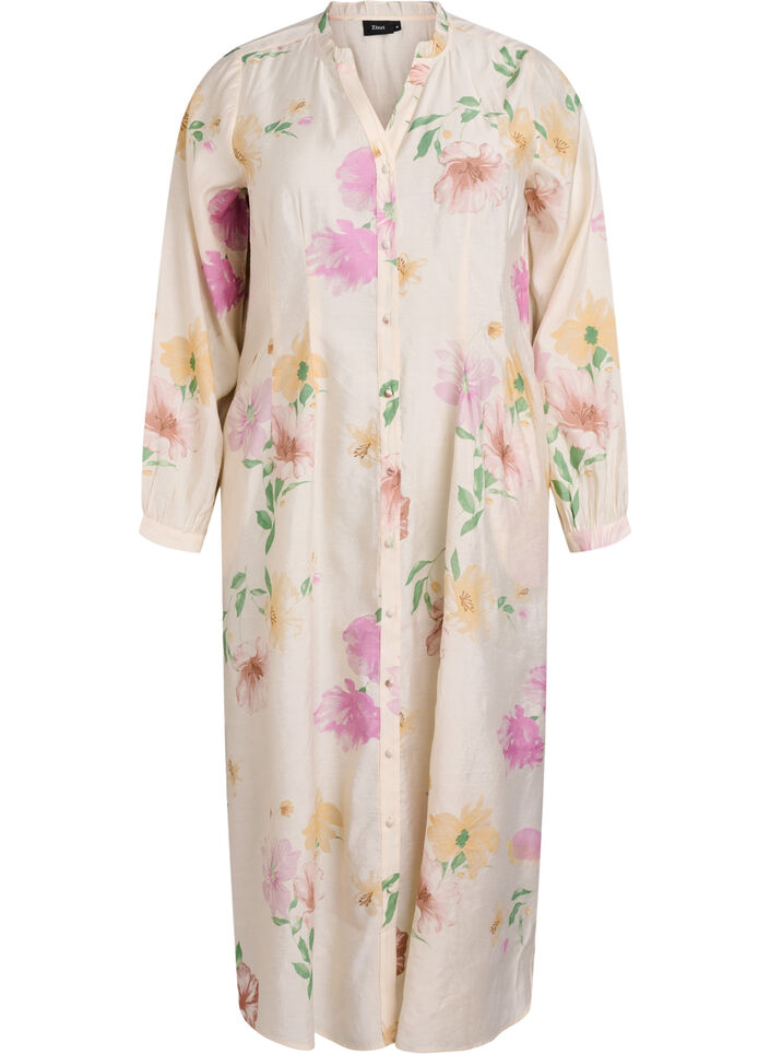 Floral midi dress with ruffle collar and button fastening, Beige, Packshot image number 0