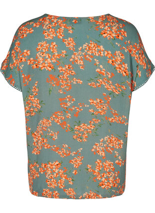Printed short-sleeved viscose blouse, Balsam Green Flower, Packshot image number 1