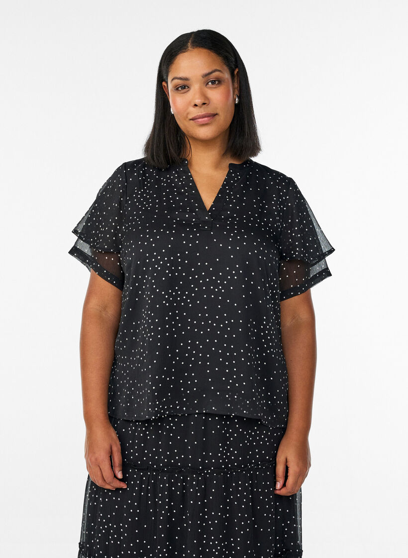 Chiffon blouse with polka dots and ruffle sleeves, Black, Model image number 0