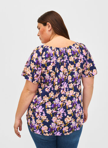 Floral viscose blouse with short sleeves, Small Flower AOP, Model image number 1