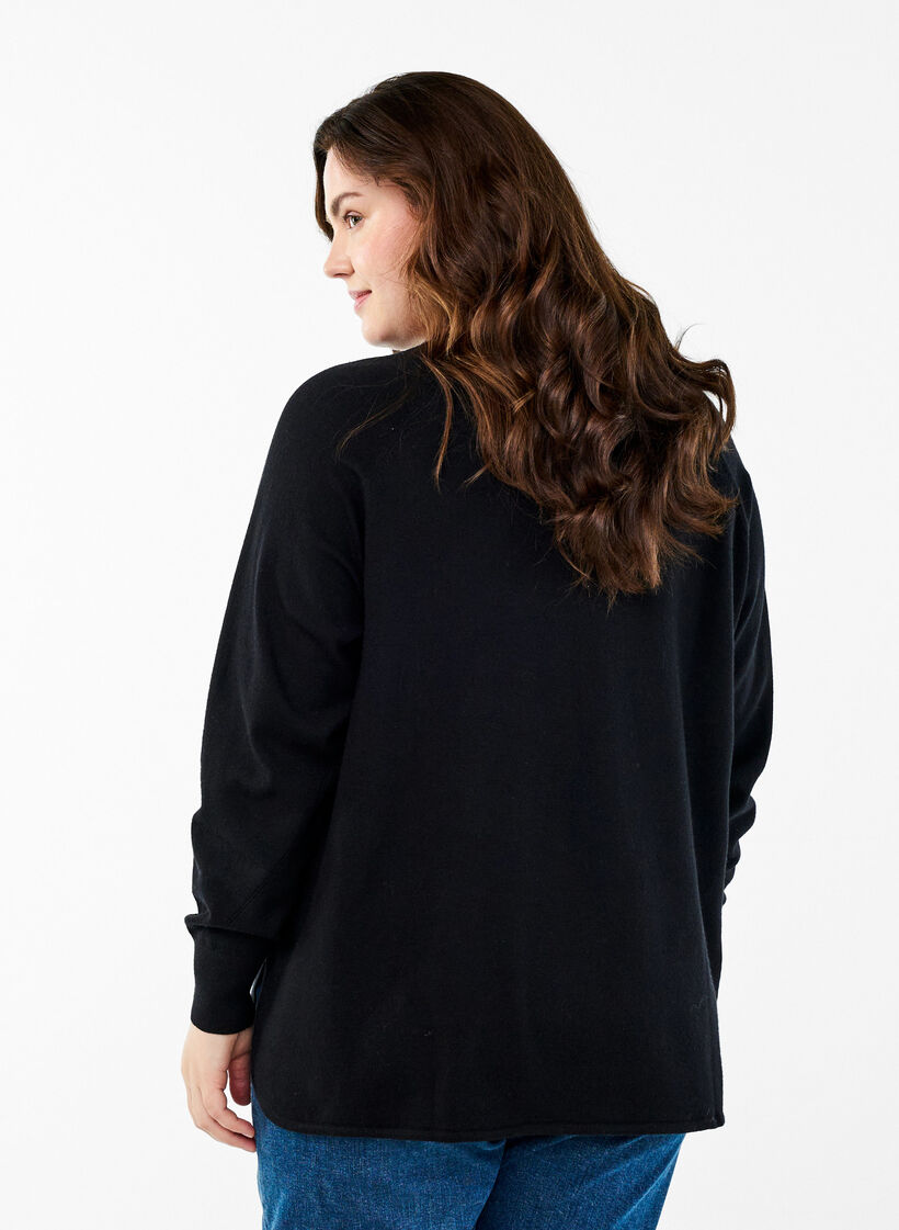 Knitted blouse with round neck and knitted pattern, Black, Model image number 2