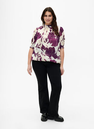 Short-sleeved smock blouse with print, D.Purple Graphic AOP, Model image number 2