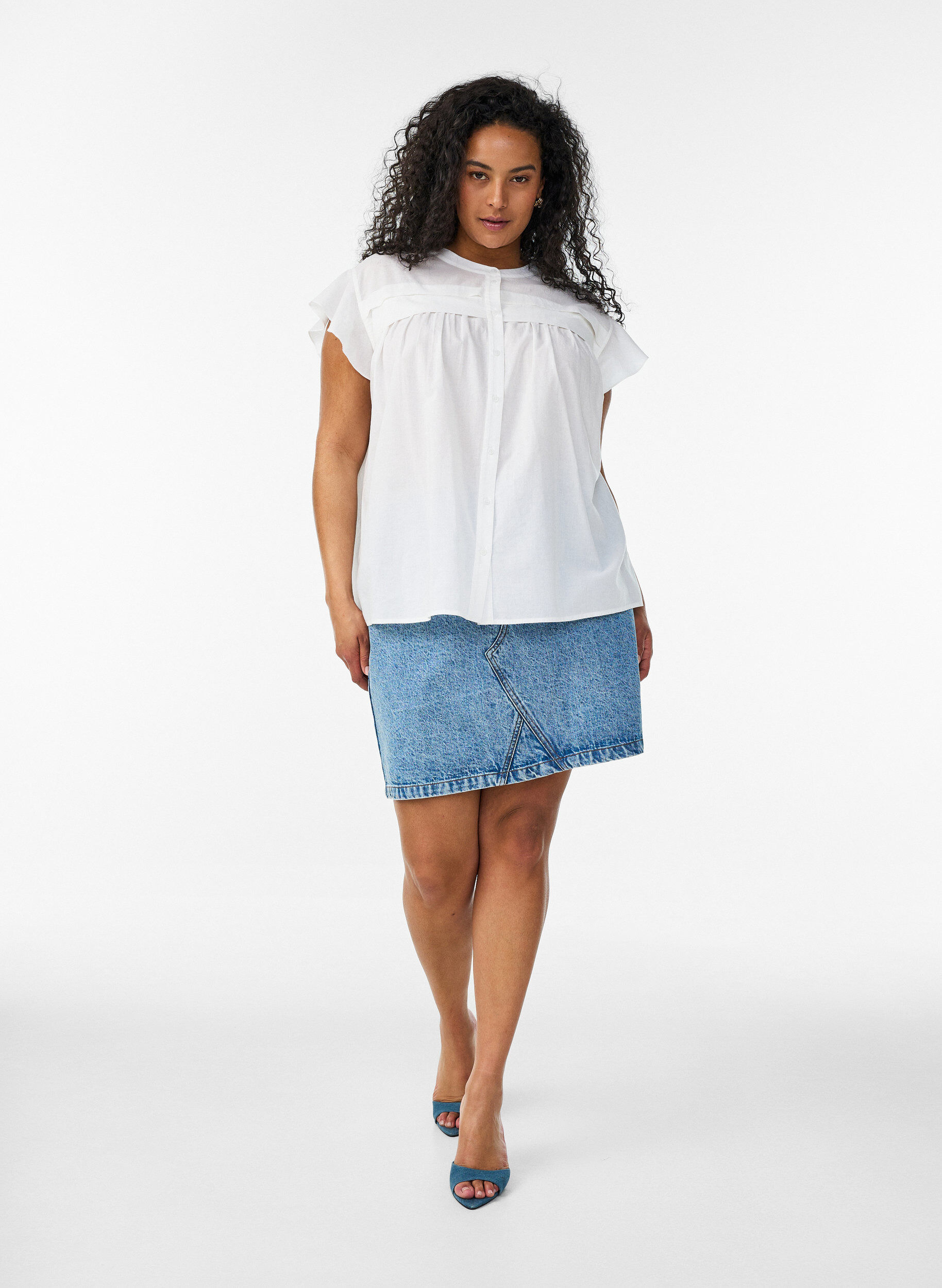ZizzifashionSleeveless A-line cotton shirt blouse, White, Model image number 1