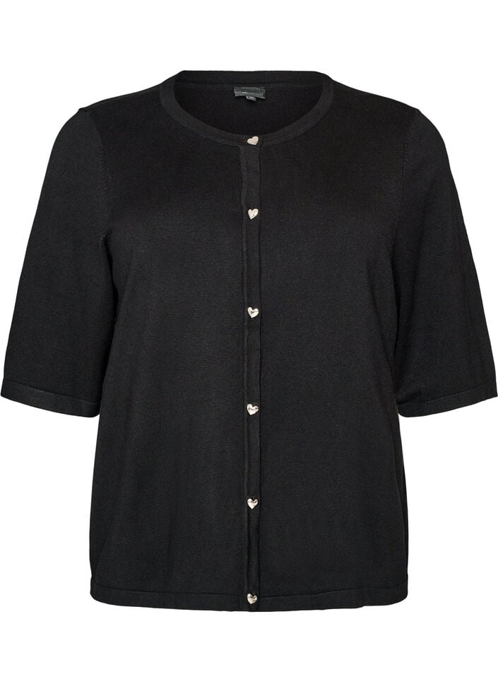 Knit cardigan with heart buttons and short sleeves, Black, Packshot image number 0