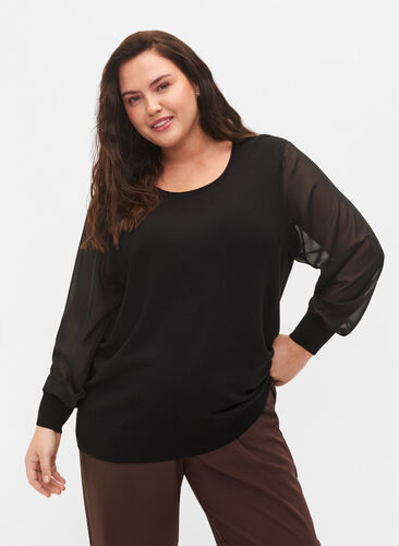 Viscose knit top with chiffon sleeves, Black, Model image number 0