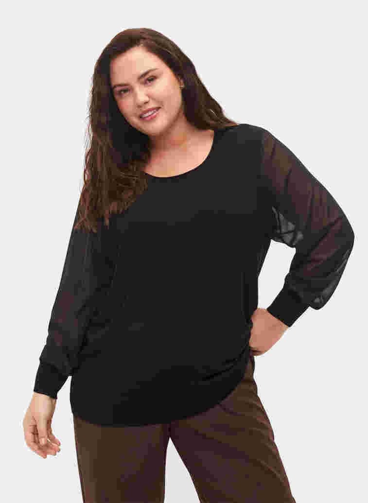 Viscose knit top with chiffon sleeves, Black, Model image number 0
