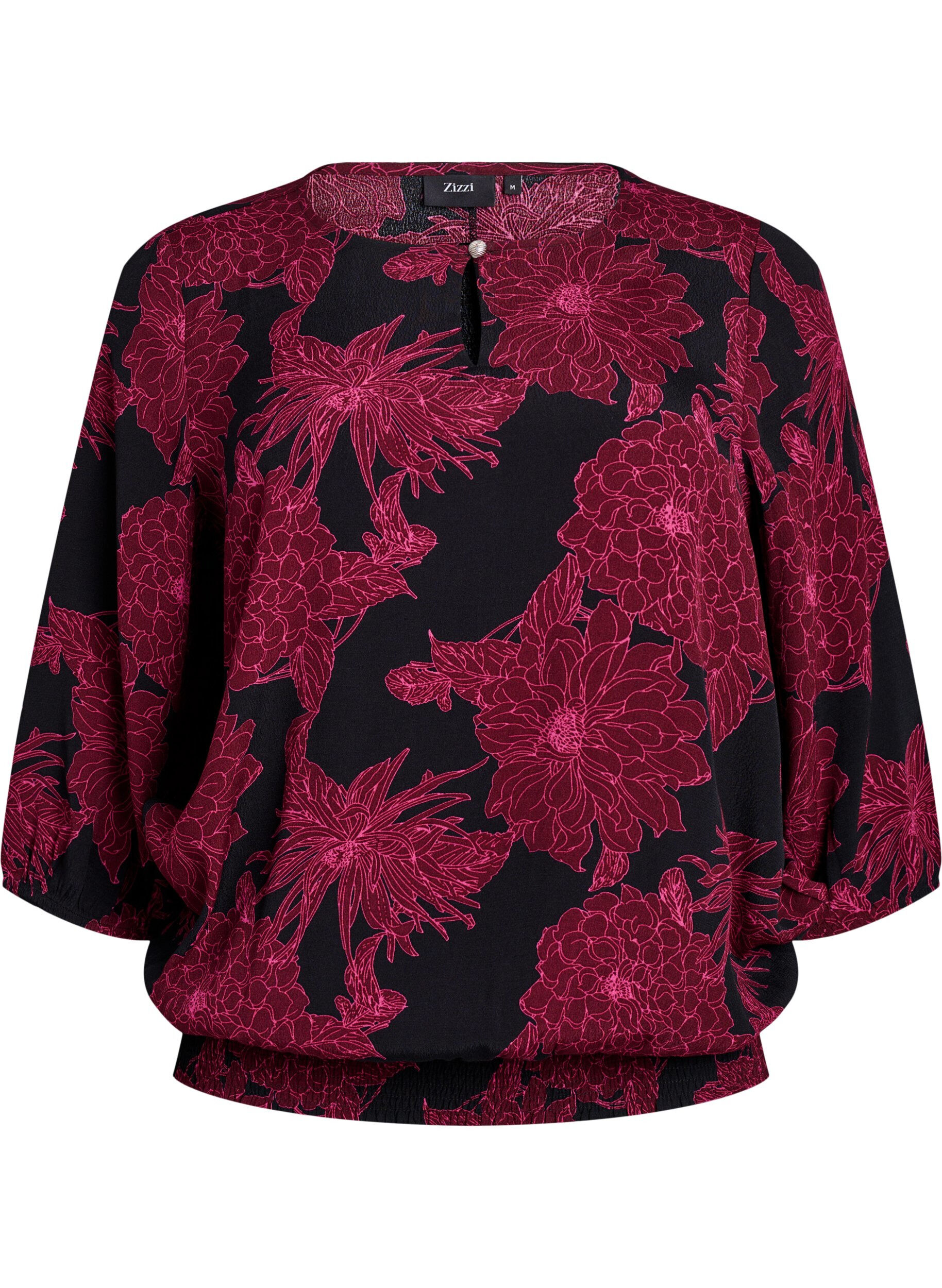 ZizzifashionViscose blouse with flower print and smocking, Dark Bordeaux, Packshot image number 0