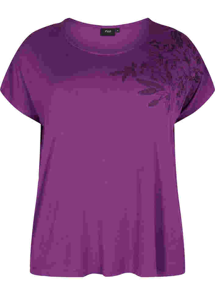 Short-sleeved viscose t-shirt with floral print, Grape Juice Flower, Packshot image number 0