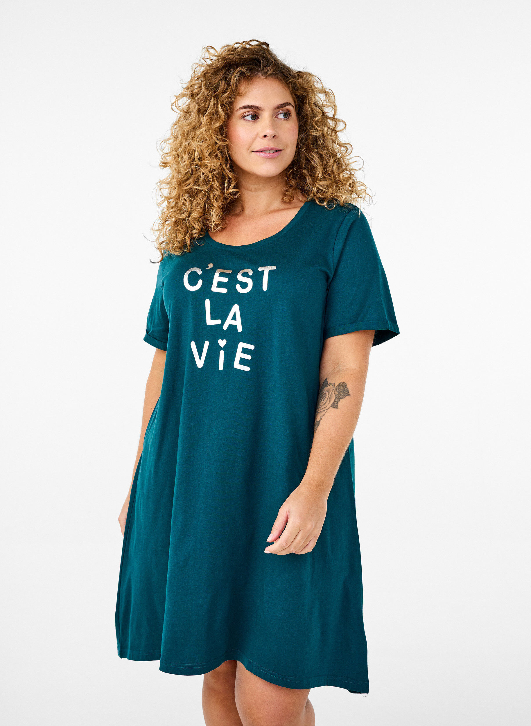 ZizzifashionShort-sleeved nightgown in organic cotton, Green, Model image number 0