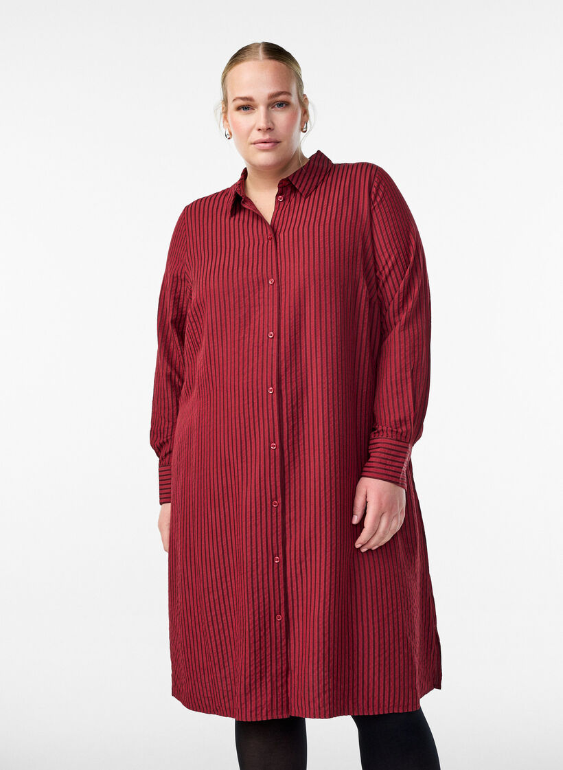 Long striped shirt with button detail on the back, Red, Model image number 0