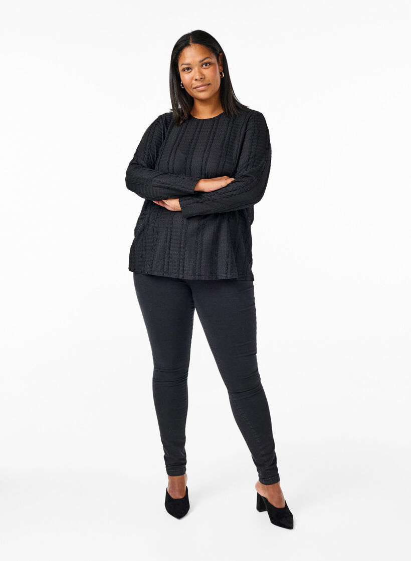 Long-sleeved blouse with texture, Black, Model image number 2