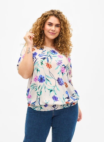 Floral blouse with smocking, Buttercream Blue Fl., Model image number 0