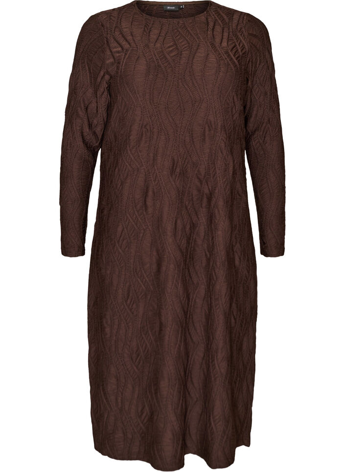 Midi dress with a wavy texture and long sleeves, Brown, Packshot image number 0