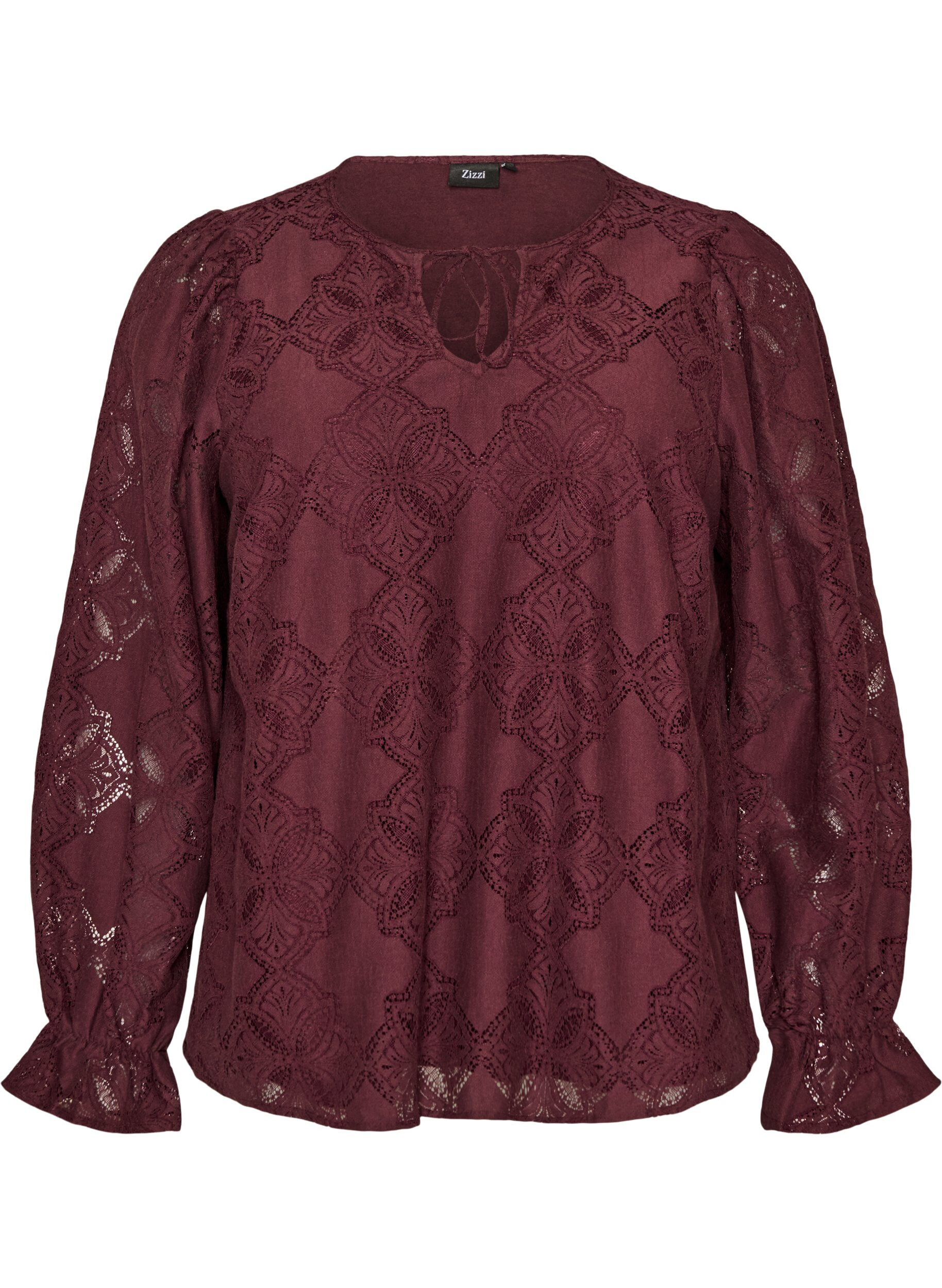 ZizzifashionLong-sleeved blouse with lace pattern, Dark Bordeaux, Packshot image number 0