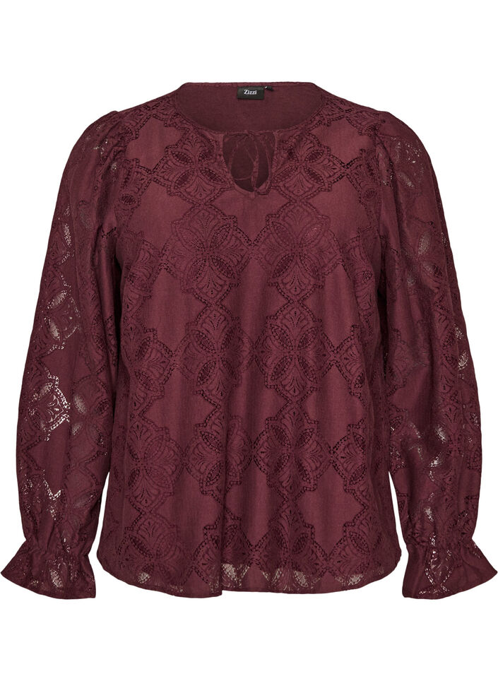 Long-sleeved blouse with lace pattern, Dark Bordeaux, Packshot image number 0