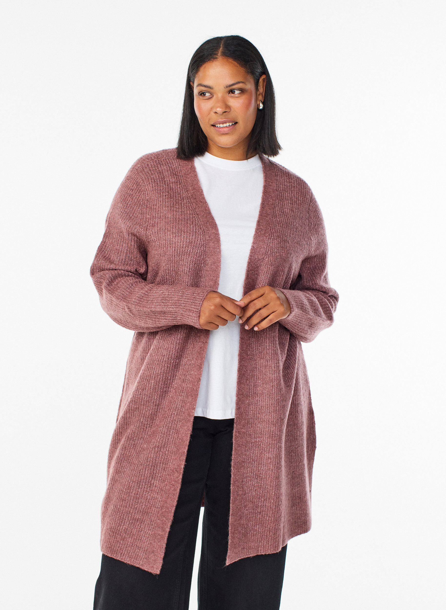 FLASH - Long ribbed cardigan with an open front, Rose, Model